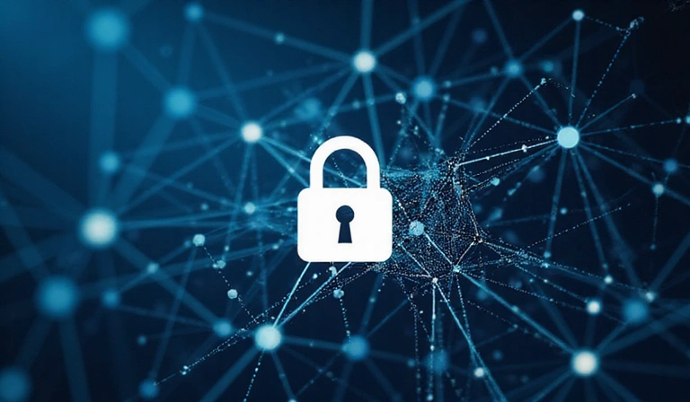 A stylized representation of cybersecurity with a padlock icon overlaid on a network diagram, symbolizing website security and data protection.