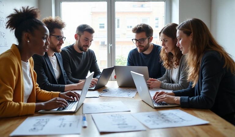 A group of diverse professionals collaborating around a table with laptops and design sketches, symbolizing teamwork in web development.