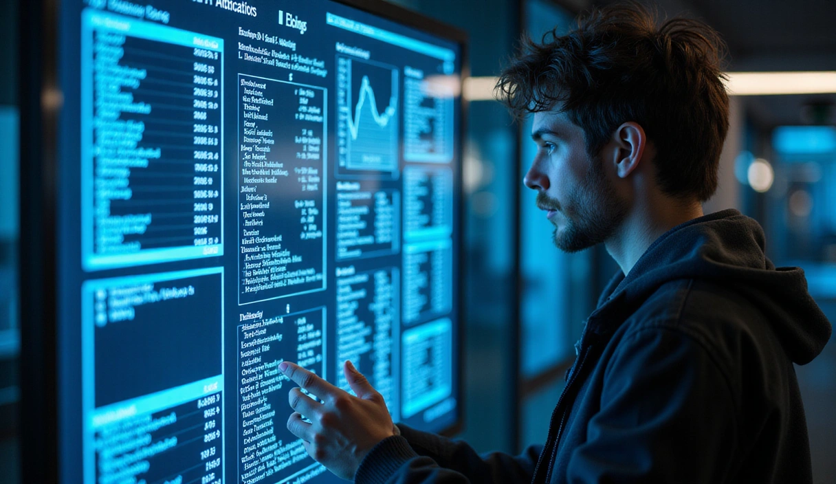 A person diligently studying a complex web design blueprint on a futuristic holographic display, surrounded by digital graphs and code snippets, symbolizing learning and innovation in web development.