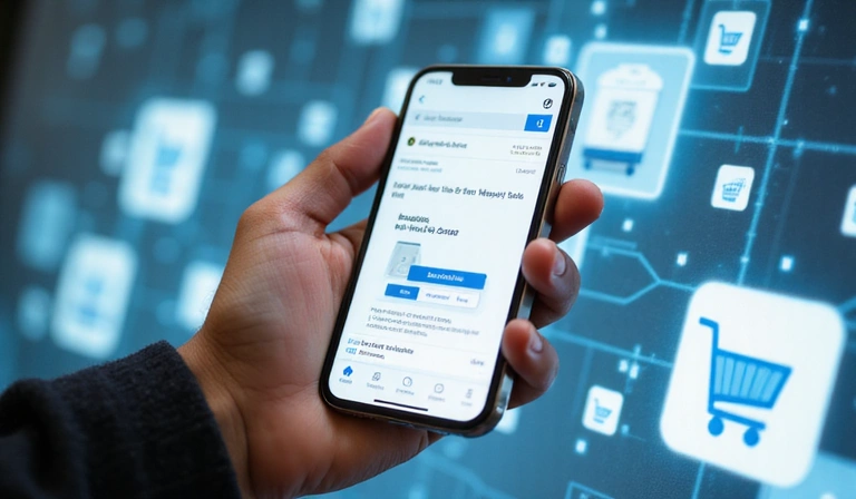A hand holding a smartphone displaying a sleek e-commerce website, with abstract shopping elements in the background, representing online sales and digital commerce.