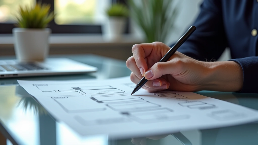 A close-up of a designer's hand sketching wireframes on a tablet, with a blurred background of a modern design studio, emphasizing the creative process of user-centric design.