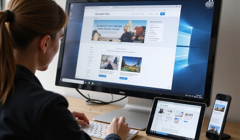 A designer working on a responsive website layout on a large monitor, with a mobile phone and tablet showing the same design, emphasizing multi-device compatibility.