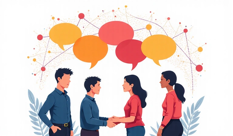 Abstract illustration of people communicating with speech bubbles and digital connections, symbolizing collaboration and discussion in a modern web design context.