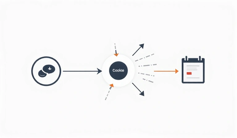 A stylized diagram showing data flowing from a user's browser through a cookie to a server and back, illustrating the cookie process.