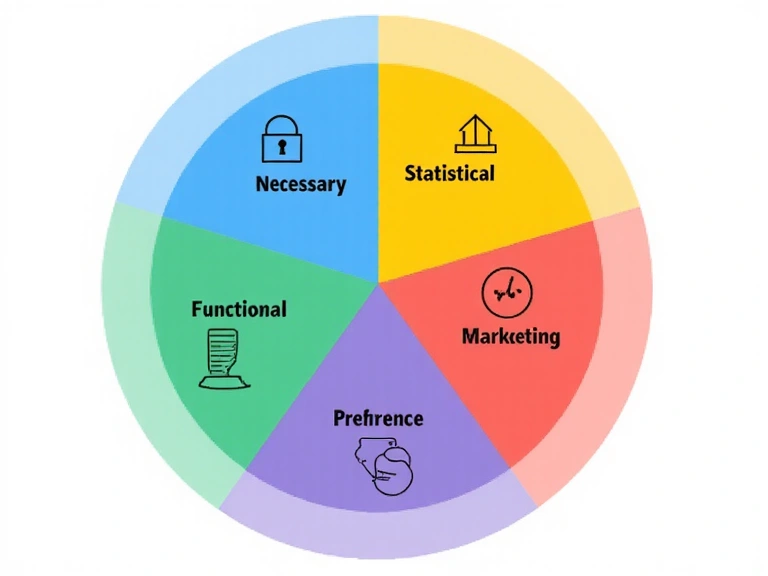 A pie chart illustrating different categories of cookies: Necessary, Statistical, Marketing, Functional, and Preference, with each slice clearly labeled.
